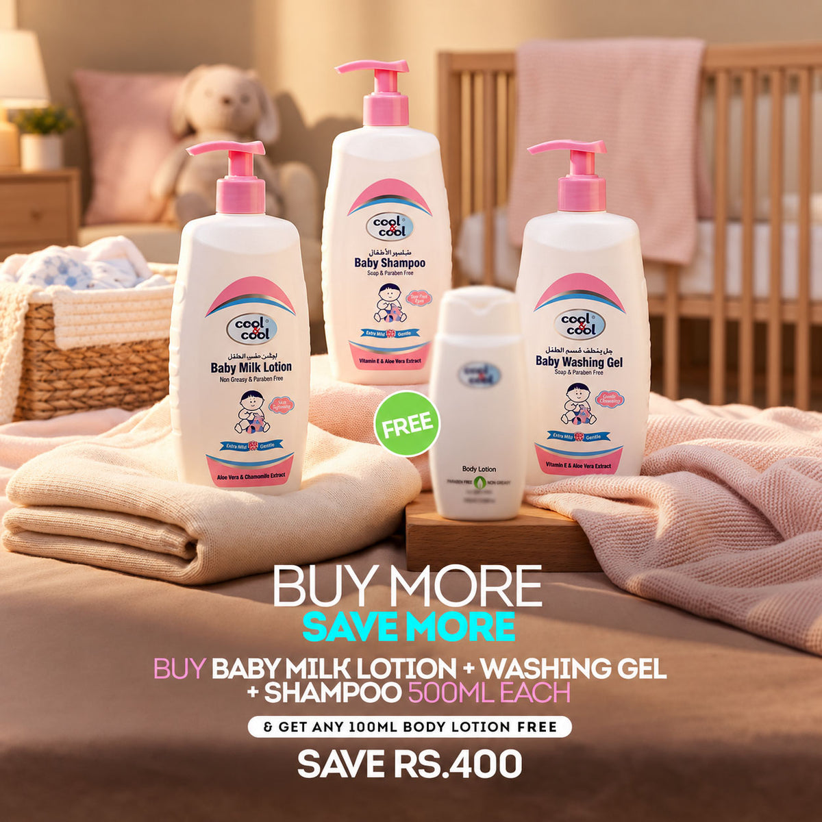 Buy Baby Milk Lotion + Washing Gel + Shampoo 500ML Each & Get Any 100ML Body Lotion Free Save Rs.400